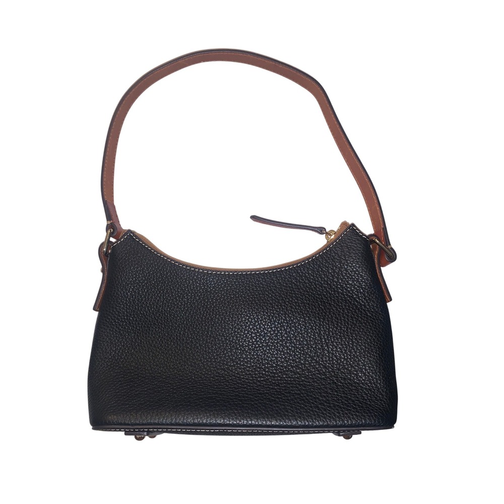 Dooney & Bourke Black Pebbled Leather Shoulder Bag Tan Trim Gold Logo Plaque - Picture 2 of 12